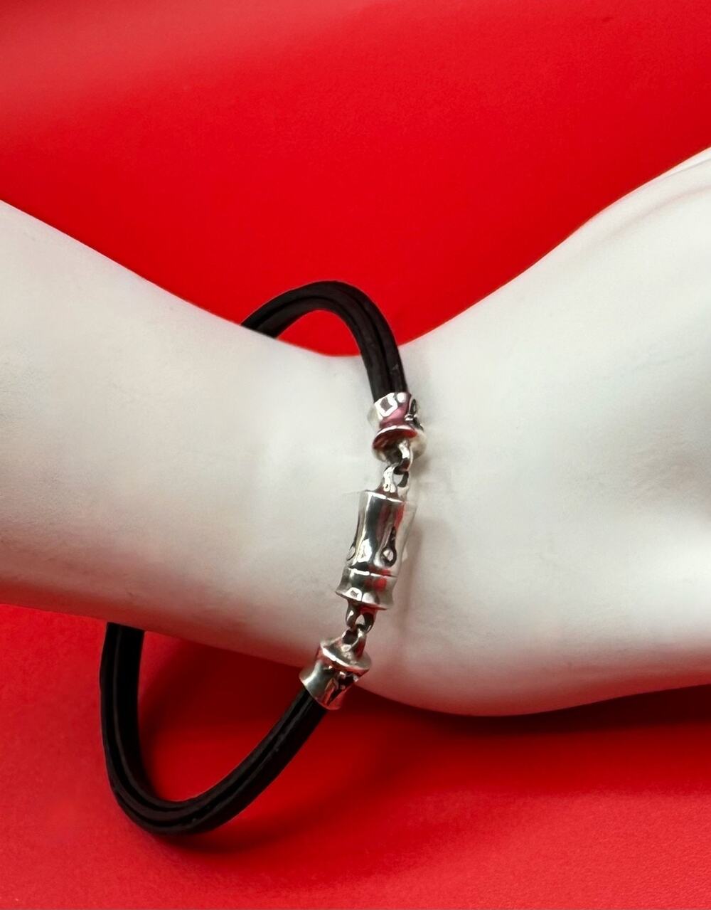 John Hardy 2 Bamboos Sterling Silver 925 Black Leather Bracelet 6 1/4"